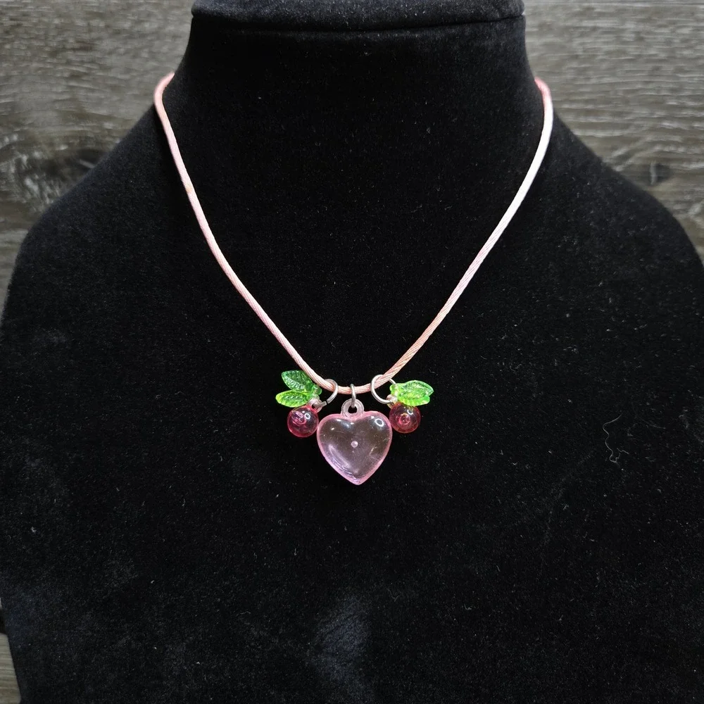 Vintage Y2K Pink Glass Heart Cherry Charm Cord Necklace Plastic Clasp 16.5